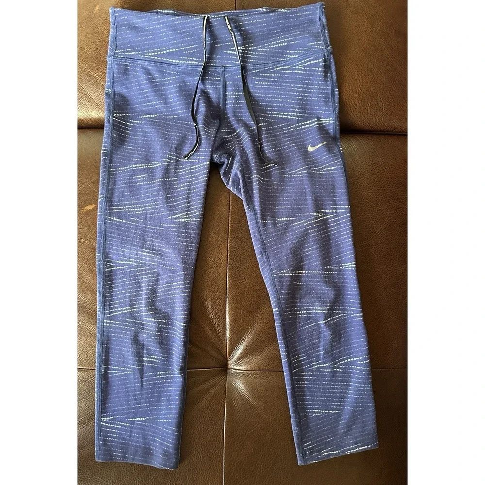 Nike Cropped Dri-Fit Running Blue & White Leggings Pants Women's Sz S Swoosh